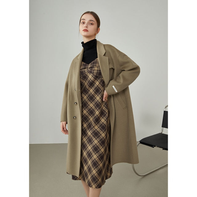 Women  Winter Simple Dropped Shoulder Small Pocket Design Double-sided Woolen Coat Women Long Brown Warm Jackets