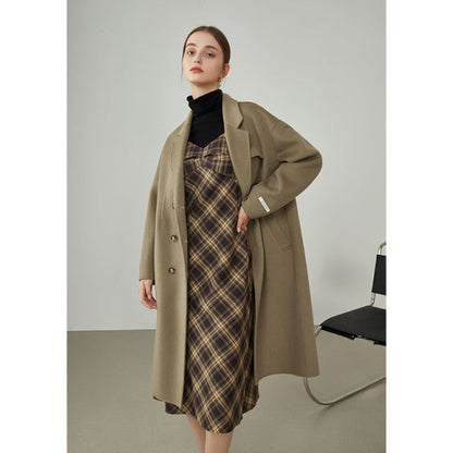 Women  Winter Simple Dropped Shoulder Small Pocket Design Double-sided Woolen Coat Women Long Brown Warm Jackets