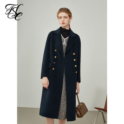 Women's Winter Temperament Dark Blue Double-breasted Metal Buckles Straight Jacket Women Camel Warm Long Woolen Coats