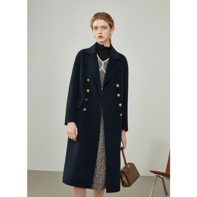 Women's Winter Temperament Dark Blue Double-breasted Metal Buckles Straight Jacket Women Camel Warm Long Woolen Coats