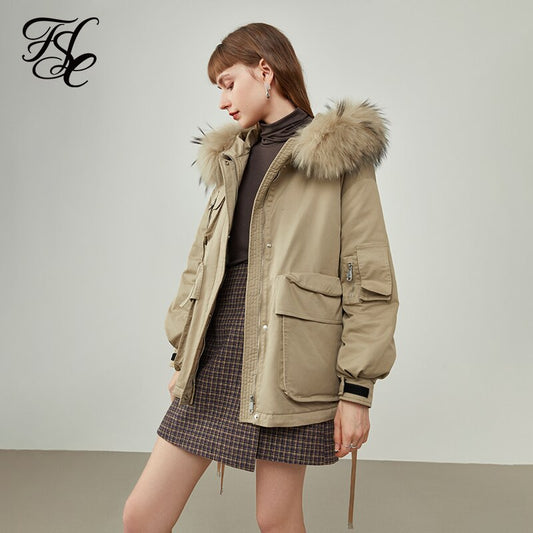 Women Winter Tooling Three-dimensional Pocket Down Jacket Removable Fur Collar Khaki Jacket Commuter Green Short Coat