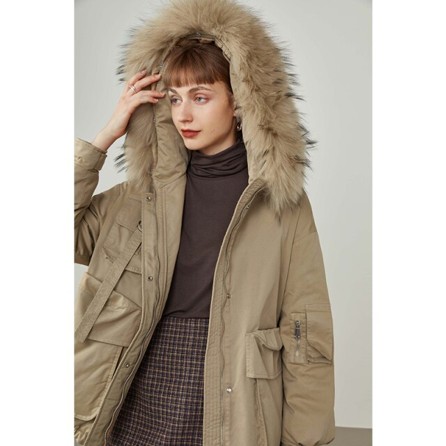 Women Winter Tooling Three-dimensional Pocket Down Jacket Removable Fur Collar Khaki Jacket Commuter Green Short Coat
