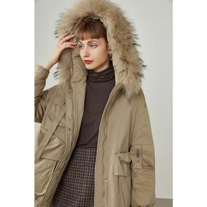 Women Winter Tooling Three-dimensional Pocket Down Jacket Removable Fur Collar Khaki Jacket Commuter Green Short Coat