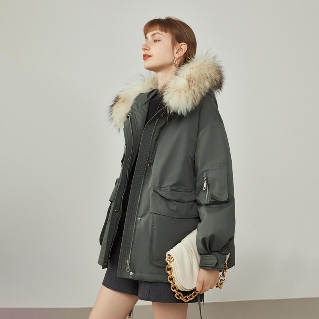Women Winter Tooling Three-dimensional Pocket Down Jacket Removable Fur Collar Khaki Jacket Commuter Green Short Coat