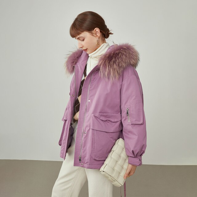 Women Winter Tooling Three-dimensional Pocket Down Jacket Removable Fur Collar Khaki Jacket Commuter Green Short Coat