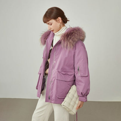 Women Winter Tooling Three-dimensional Pocket Down Jacket Removable Fur Collar Khaki Jacket Commuter Green Short Coat