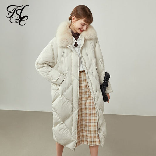 Women's Fox Fur Collar Long Beige Down Jacket Women  Winter Simple Commuter Thicken Warm Jackets Long Down Coats