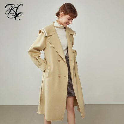 Women Navy Collar Double-sided Black Woolen Coat Winter Mid-length College Yellow Jacket Grey Straight Cashmere Coats