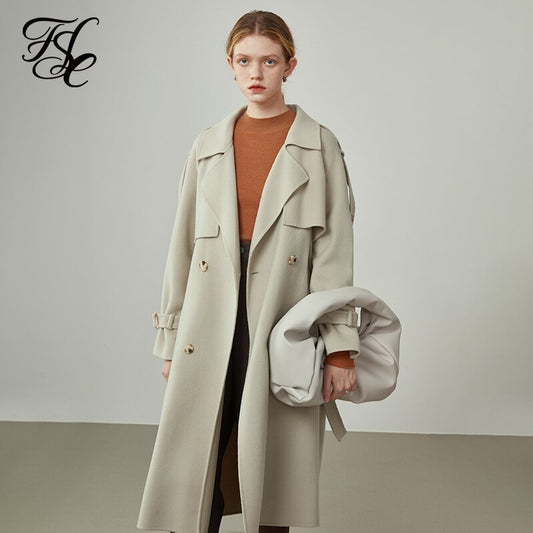 Women Windbreaker-style Double Breasted Wool Coat Mid-length Suit Collar Orange Woolen Jackets Apricot Commuter Coats