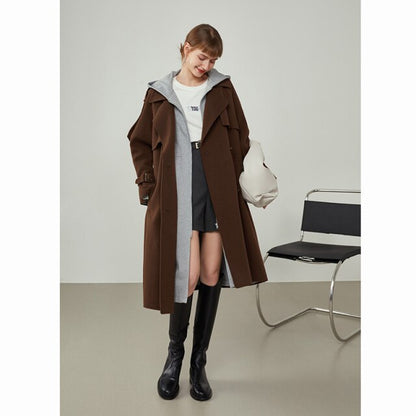 Women Windbreaker-style Double Breasted Wool Coat Mid-length Suit Collar Orange Woolen Jackets Apricot Commuter Coats
