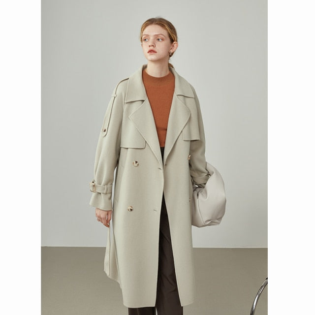 Women Windbreaker-style Double Breasted Wool Coat Mid-length Suit Collar Orange Woolen Jackets Apricot Commuter Coats