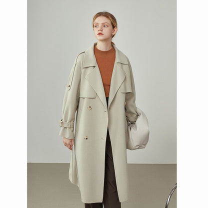Women Windbreaker-style Double Breasted Wool Coat Mid-length Suit Collar Orange Woolen Jackets Apricot Commuter Coats