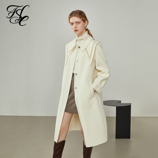 Women Winter  Black Long Detachable Collar Single-breasted Jackets Beige Straight Commuter All-match Woolen Coats