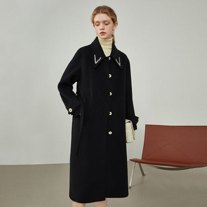 Women's Mid-length Winter Black Double-sided Woolen Coats Neckline Pearl Embroidery Design Blue Pure Wool Jackets