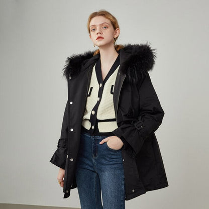 Women Winter Windbreaker Casual Down Jacket Detachable Fur Collar Design Black Parker Women Warm Straight Pink Coats