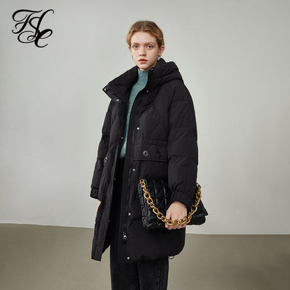 Women's Mid-length Hooded Three-proof Black Down Jacket Lingge Pleated Winter New Warm Jackets Women Long Coats
