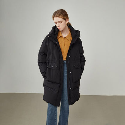 Women's Mid-length Hooded Three-proof Black Down Jacket Lingge Pleated Winter New Warm Jackets Women Long Coats