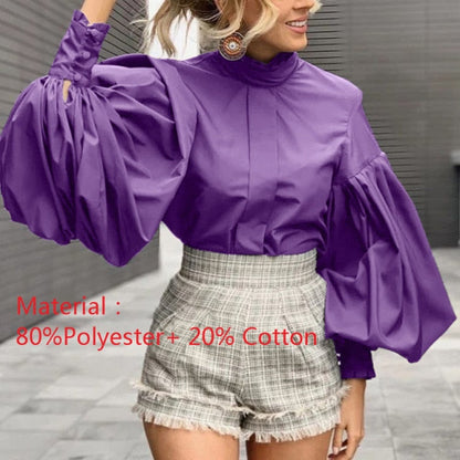 xakxx  Fashion Women Big Lantern Sleeve Blouse Elegant Party Shirts Autumn Stand Collar Casual Solid Vintage Tops OL Blusas
