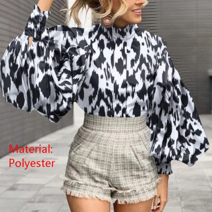 xakxx  Fashion Women Big Lantern Sleeve Blouse Elegant Party Shirts Autumn Stand Collar Casual Solid Vintage Tops OL Blusas
