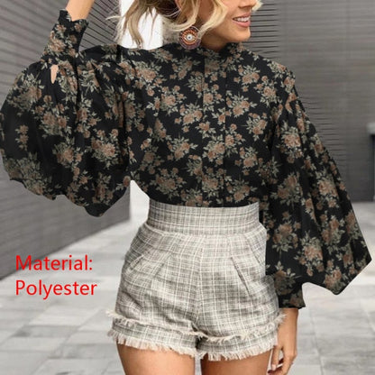 xakxx  Fashion Women Big Lantern Sleeve Blouse Elegant Party Shirts Autumn Stand Collar Casual Solid Vintage Tops OL Blusas