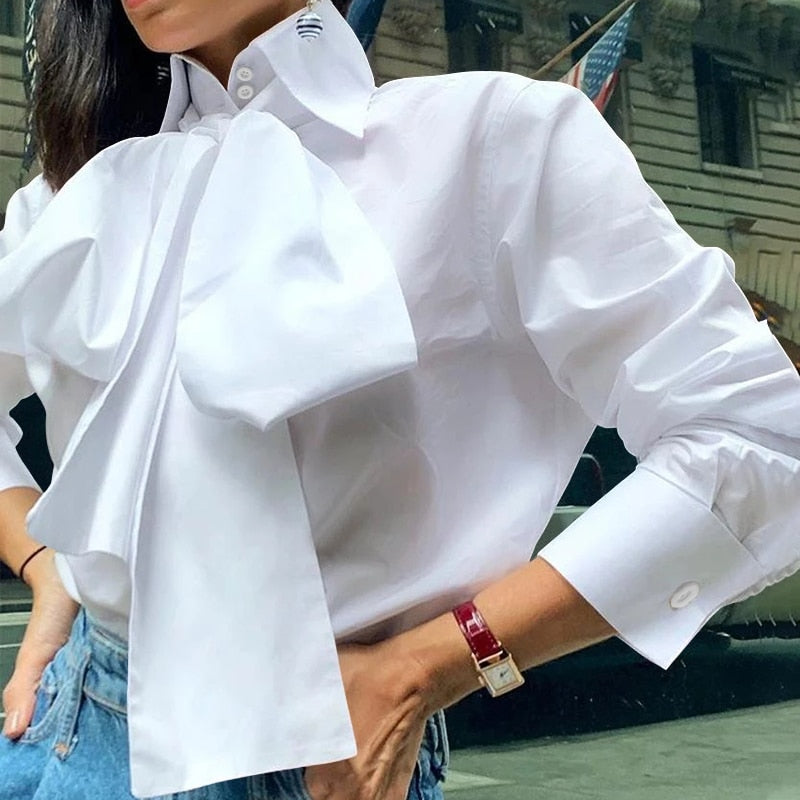 xakxx Women Elegant Bow Tie White Shirts Autumn Long Sleeve Fashion Tops Casual Party Blouse Oversized Blusas Femininas