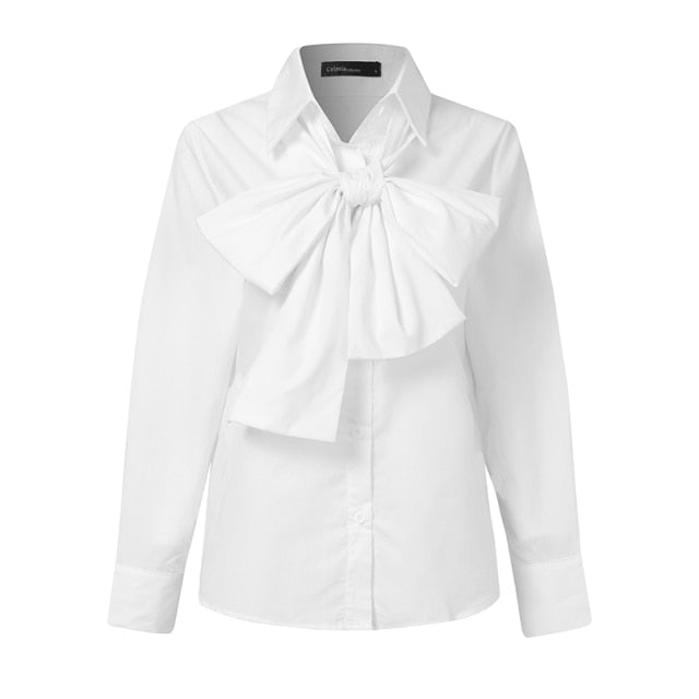 xakxx Women Elegant Bow Tie White Shirts Autumn Long Sleeve Fashion Tops Casual Party Blouse Oversized Blusas Femininas