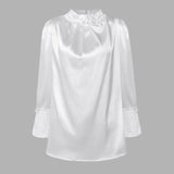 Women Satin Blouses Elegant Long Sleeve Silk Tops  Pearl Stand Collar Female Office Shirts Solid Casual Party Blouse