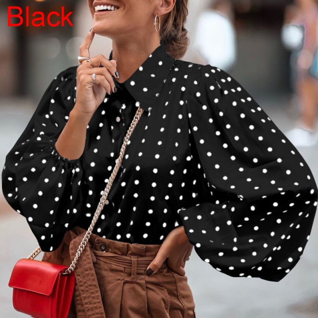 Fashion Women Shirts  Autumn Long Lantern Sleeve Polka Dot Blouse Casual Blusas Elegant Chic Streetwear Tops Tunic