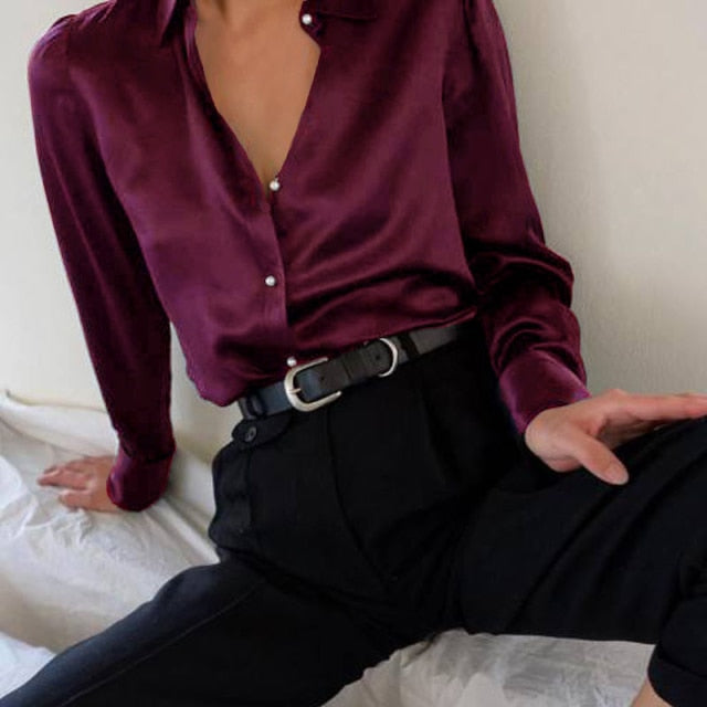 Fashion Satin Blouse  Autumn Women Long Sleeve Chemisier Vintage Buttons Lapel Street Party Shirts Elegant Silk Tops