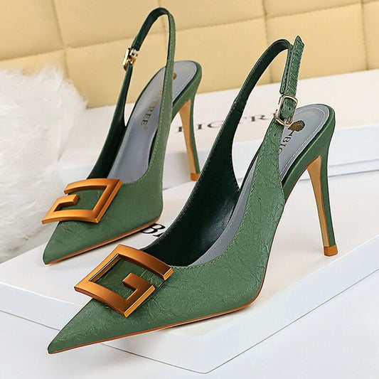 xakxx Pointed Toe Women Pumps Metal Square Buckle High Heels Stiletto Party Shoes Back Strap Hollow Women Sandals