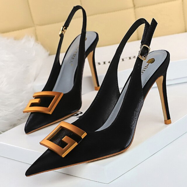 xakxx Pointed Toe Women Pumps Metal Square Buckle High Heels Stiletto Party Shoes Back Strap Hollow Women Sandals