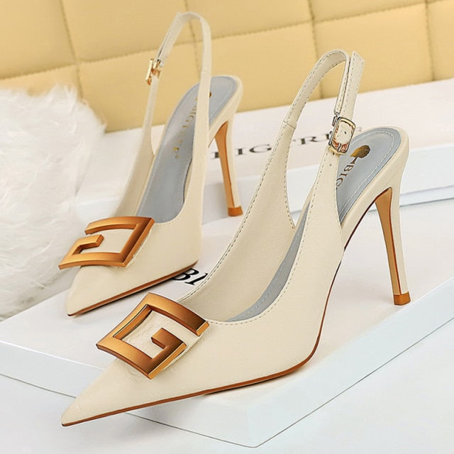 xakxx Pointed Toe Women Pumps Metal Square Buckle High Heels Stiletto Party Shoes Back Strap Hollow Women Sandals