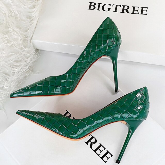Woven Pattern Woman Pumps Patent Leather Pumps Shoes Women High Heels Lady Stiletto Sexy Party Shoes Plus Size 43
