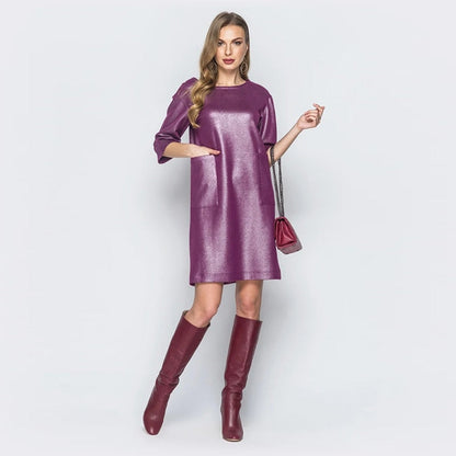 Women High Street Front Pockets PU Dress Half Sleeve O neck Purple Color Leather Party Dress  Autumn Casual Fashion Dress