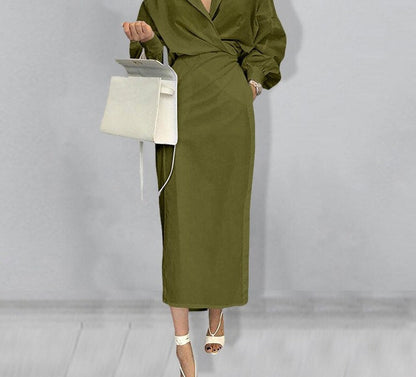 xakxx Elegant Women Shirt Dress Long Sleeve Lapel Work Shirt Dresses Fashion Casual Pleated Solid Midi Vestidos Robe Belt