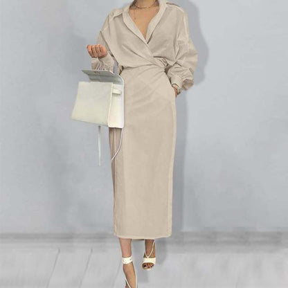 xakxx Elegant Women Shirt Dress Long Sleeve Lapel Work Shirt Dresses Fashion Casual Pleated Solid Midi Vestidos Robe Belt