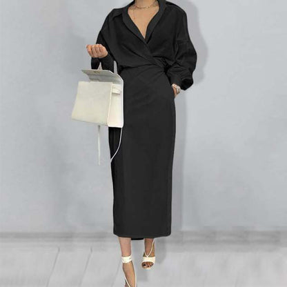 xakxx Elegant Women Shirt Dress Long Sleeve Lapel Work Shirt Dresses Fashion Casual Pleated Solid Midi Vestidos Robe Belt