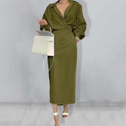 xakxx Elegant Women Shirt Dress Long Sleeve Lapel Work Shirt Dresses Fashion Casual Pleated Solid Midi Vestidos Robe Belt