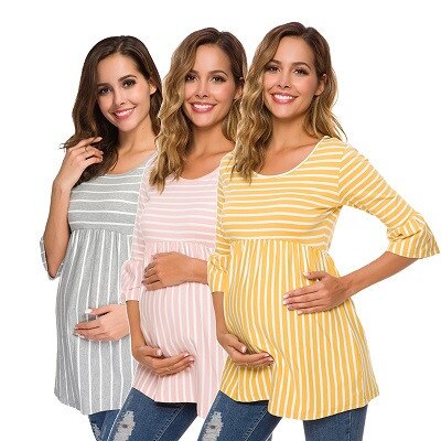 Ruffle Maternity Tops Loose Pregnancy Tee Striped T-shirt Sweet Mama Maternity Clothes Pregnant Womens Clothing S-XL