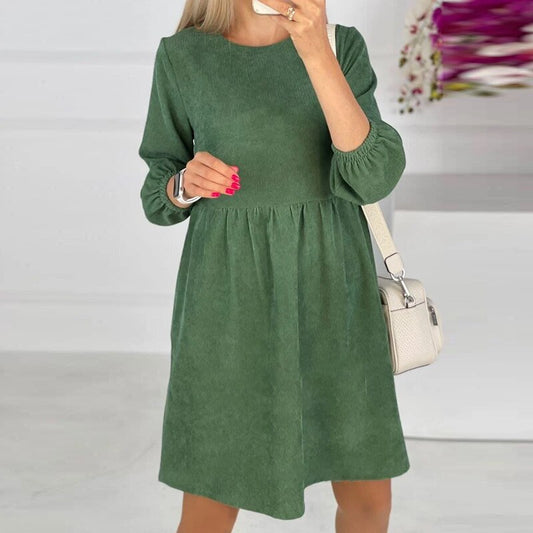 Women Vintage Corduroy A-line Party Dress Long Sleeve O neck Solid High Street Elegant Casual Dress  Winter Fashion Dress