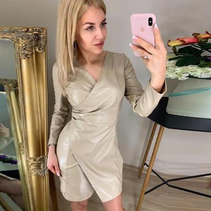 Women Vintage Front Split PU Front Cross Mini Dress Drawn Back Long Sleeve  Sexy V Neck Dress  Spring New Office Lady Dress
