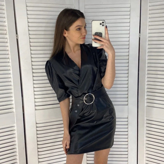 Women Vintage PU Deep V Neck A Line Mini Dress Solid Short Sleeve Sashes Elegant Prom Dress  Spring New Fashion Women Dress
