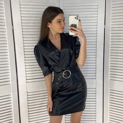 Women Vintage PU Deep V Neck A Line Mini Dress Solid Short Sleeve Sashes Elegant Prom Dress  Spring New Fashion Women Dress