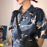 Women Dragon Shirt Button Down Short Sleeve Shirts School Girl Harajuku Vintage Tops