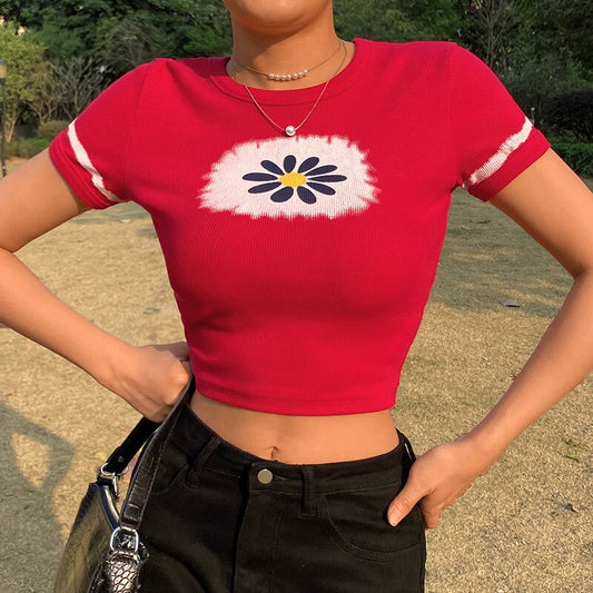 Astera Baby Tee Red Tie Dye Short Sleeve Flower Graphic Ribbed Knit Crop Top Women Aesthetic School Girl Y2K Outfit /