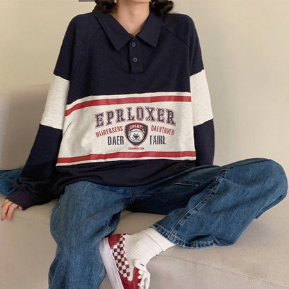 Womens Oversized Sweatshirt Cute Bear Letter Print Long Sleeve Polo-Collar Pullover Sweatshirts Prep Girl Harajuku Outfits