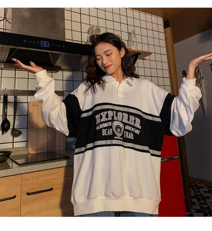 Womens Oversized Sweatshirt Cute Bear Letter Print Long Sleeve Polo-Collar Pullover Sweatshirts Prep Girl Harajuku Outfits
