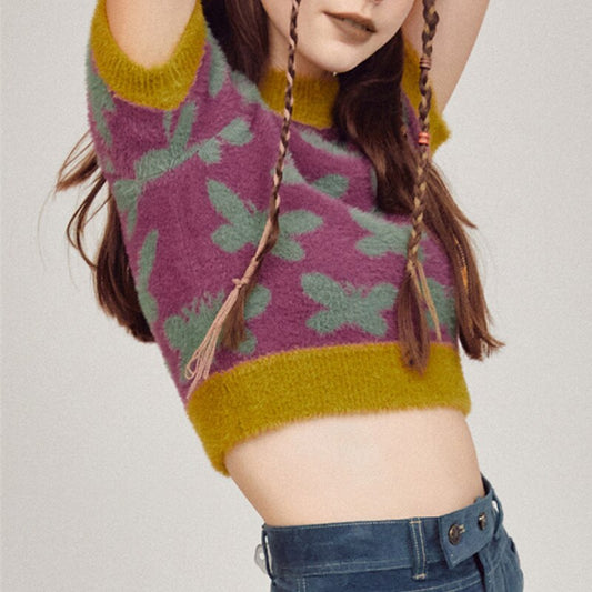 Butterfly Knit Top Y2K Soft Fuzzy Jacquard Short Sleeve Mock Neck Crop Tee Womem Streetwear Aesthetic Clothes