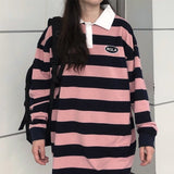 Pink &amp; Black Striped Polo Shirt With Contrast White Collar Oversized Comfy Tee Women Aesthetic E-girl Casual Streetwear /