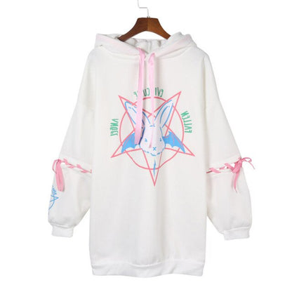 Alt Girl Hoodies Women Black Goth Bunny Pentacle Print Oversized Lace-up Sleeve Hooded Sweatshirts Harajuku e-girl Aesthetic /